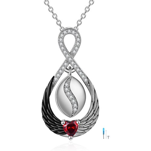 Sterling Silver Two-tone Heart Cubic Zirconia Infinite Symbol & Angel Wings Urn Necklace for Ashes