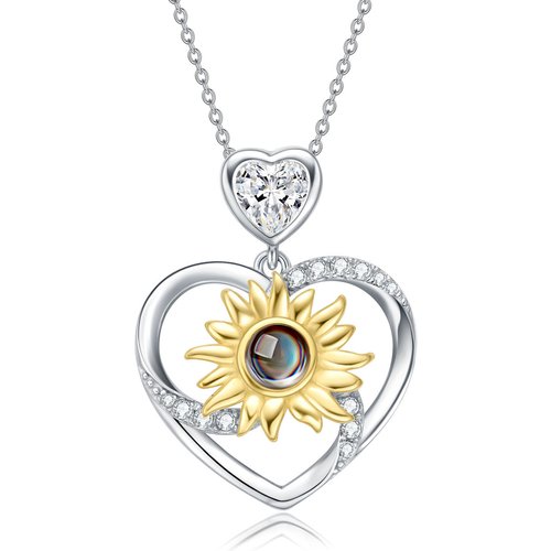 Sterling Silver Two-tone Heart Moissanite Sunflower Pendant Necklace