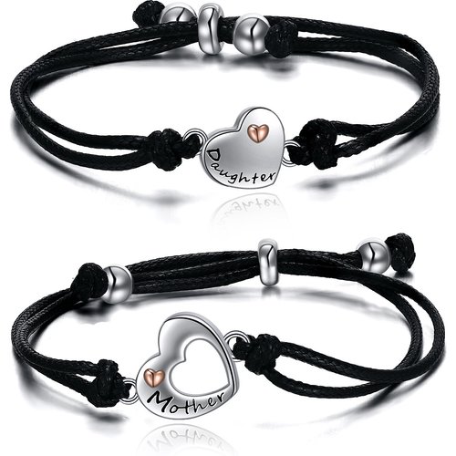 Sterling Silver Two-tone Heart Mother & Daughter Couple Charm Bracelet with Black Leather Chain