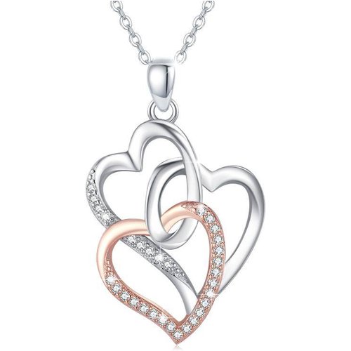 Sterling Silver Two-tone Cubic Zirconia Heart Pendant Necklace
