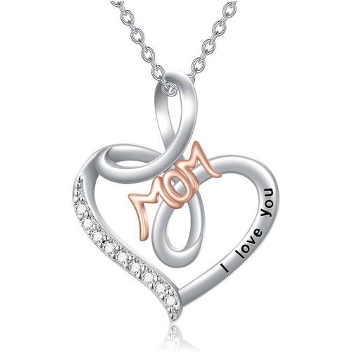 Sterling Silver Two-tone Heart Pendant Necklace with Engraved Word
