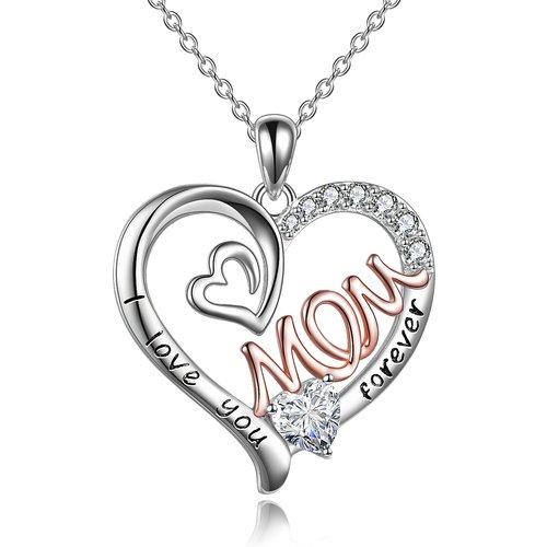 Sterling Silver Two-tone Cubic Zirconia Heart Engraved Necklace for Women