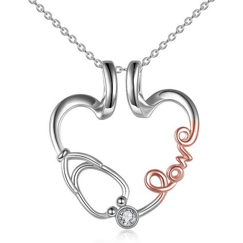 Sterling Silver Two-Tone Cubic Zirconia Ring Holder With Stethoscope Heart Pendant Necklace With Engraved Word For Women
