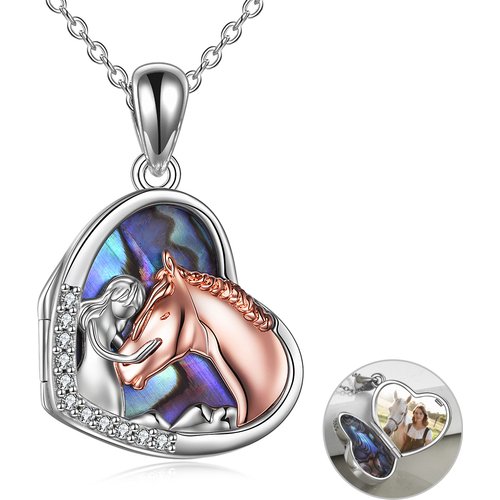 Sterling Silver Two-Tone Abalone Shellfish Horse And Girl Heart Personalized Photo Locket Necklace For Women