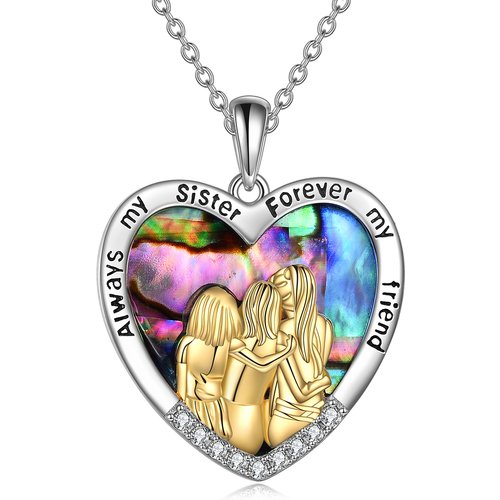 Sterling Silver Two-Tone Abalone Shellfish Sisters With Heart Pendant Necklace With Engraved Word For Women