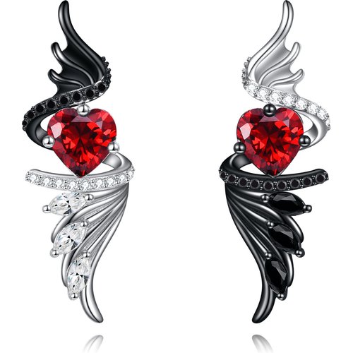 Sterling Silver Two-tone Heart Shaped Cubic Zirconia Angel Wings Stud Earrings