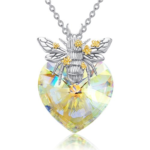 Sterling Silver Two-Tone Bee & Heart Crystal Pendant Necklace For Women