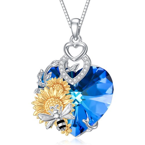 Sterling Silver Two-tone Heart Shaped Bee & Sunflower Crystal Pendant Necklace