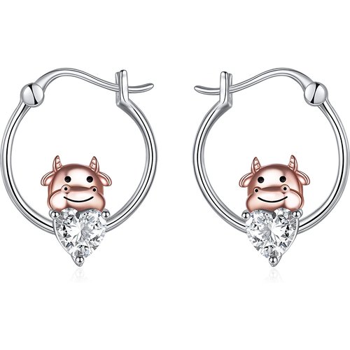 Sterling Silver Two-tone Heart Shaped Cubic Zirconia Cow Hoop Earrings