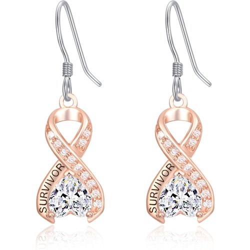Sterling Silver Two-tone Heart Shaped Crystal Breast Cancer & Ribbon Drop Earrings with Engraved Word