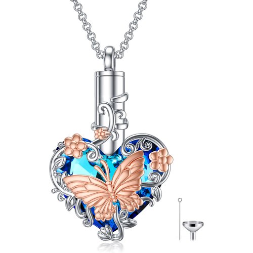Sterling Silver Two-Tone Heart Crystal Butterfly Urn Necklace For Ashes