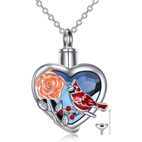 Sterling Silver Two-tone Heart Shaped Crystal Cardinal & Rose Urn Necklace for Ashes with Engraved Word