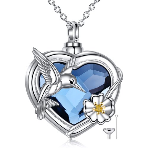 Sterling Silver Two-tone Heart Shaped Crystal Hummingbird & Daisy Urn Necklace for Ashes with Engraved Word