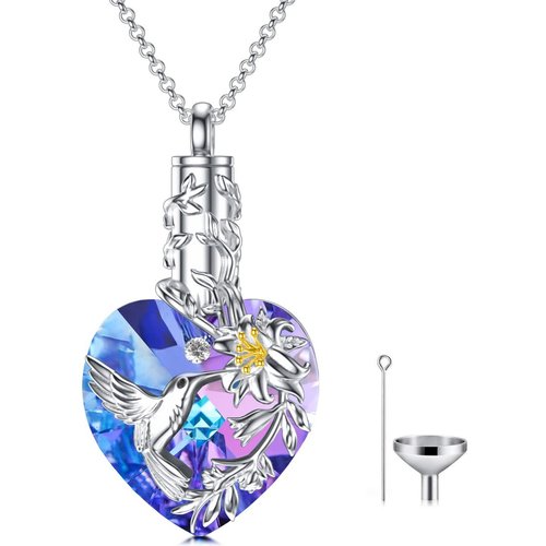 Sterling Silver Purple Crystal Hummingbird & Lily Heart Urn Necklace For Ashes Keepsake Memorial Jewelry
