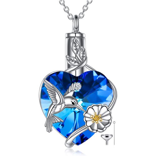 Sterling Silver Two-Tone Heart Crystal Hummingbird Urn Necklace For Ashes
