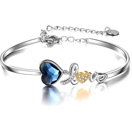 Sterling Silver Two-Tone Heart Crystal Pendant Bangle With Engraved Word For Women