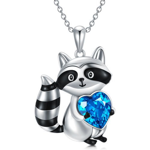 Sterling Silver Heart Crystal Raccoon Pendant Necklace For Women