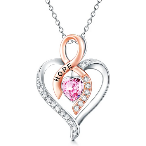 Sterling Silver Two-Tone Heart Crystal Ribbon Pendant Necklace For Women