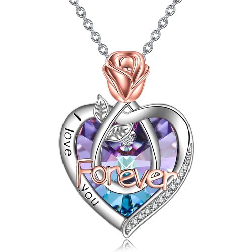 Sterling Silver Two-Tone Heart Crystal Rose Pendant Necklace With Engraved Word For Women