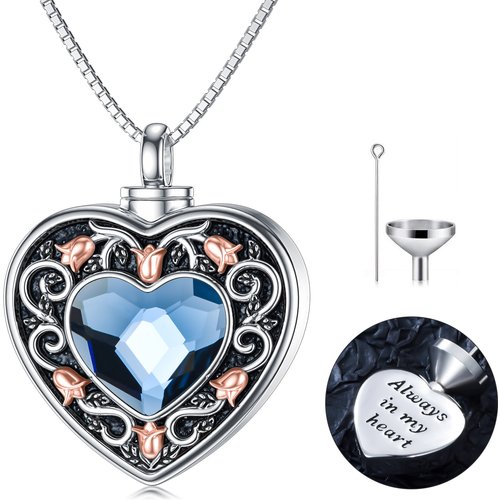 Sterling Silver Oxidized Heart Blue Crystal Rose Urn Necklace For Ashes With Engraved Word