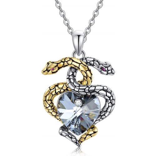 Sterling Silver Two-tone Heart Shaped Crystal Snake Pendant Necklace