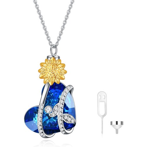 Sterling Silver Two-Tone Heart Crystal Sunflower Urn Necklace For Ashes For Women