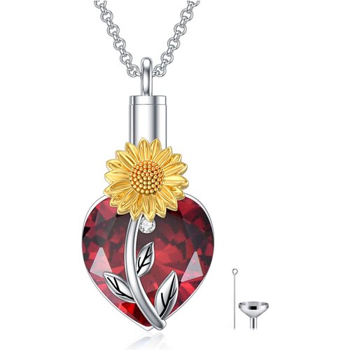 Sterling Silver Two-Tone Heart Crystal Sunflower Urn Necklace For Ashes