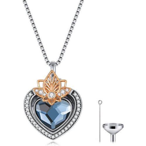 Sterling Silver Blue Crystal Heart Lotus Urn Necklace For Ashes Engraved Forever In My Heart