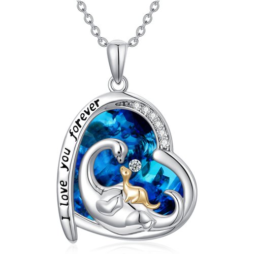 Sterling Silver Two-Tone Heart Dinosaur Crystal Pendant Necklace With Engraved Word For Women Best Friend