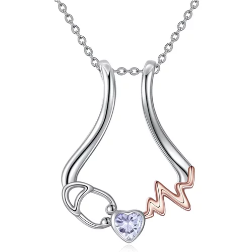 Sterling Silver Two-Tone Heart Cubic Zirconia Electrocardiogram & Stethoscope Pendant Necklace For Women