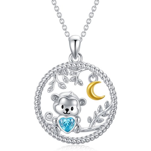 Sterling Silver Two-Tone Heart Cubic Zirconia Monkey & Leaves With Moon Pendant Necklace For Women