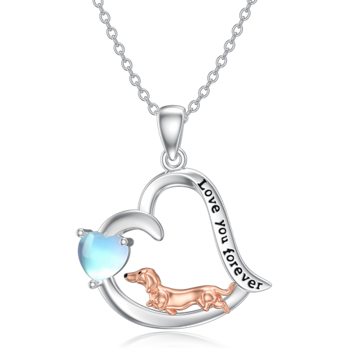Sterling Silver Two-Tone Heart Moonstone Dog Heart Pendant Necklace With Engraved Word For Women