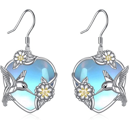 Sterling Silver Two-Tone Heart Moonstone Hummingbird Drop Earrings For Women