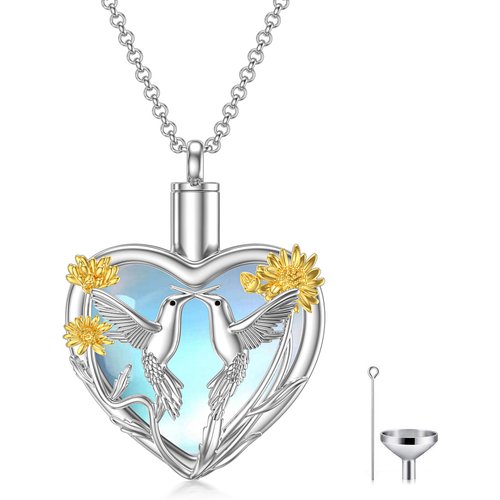 Sterling Silver Two-Tone Heart Moonstone Hummingbird & Sunflower Urn Necklace For Ashes