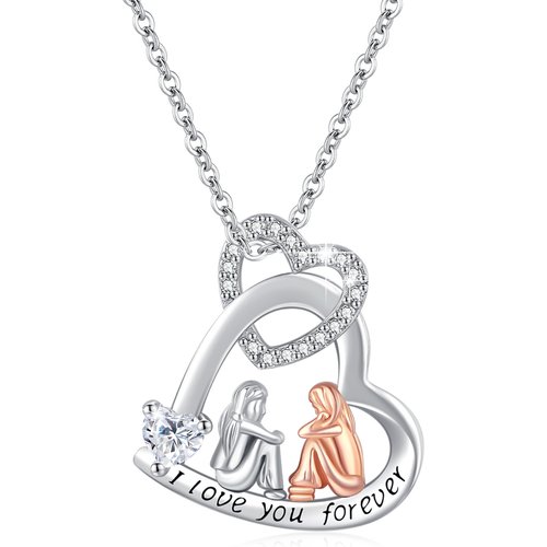 Sterling Silver Two-Tone Heart Cubic Zirconia Pendant Necklace With Engraved Word