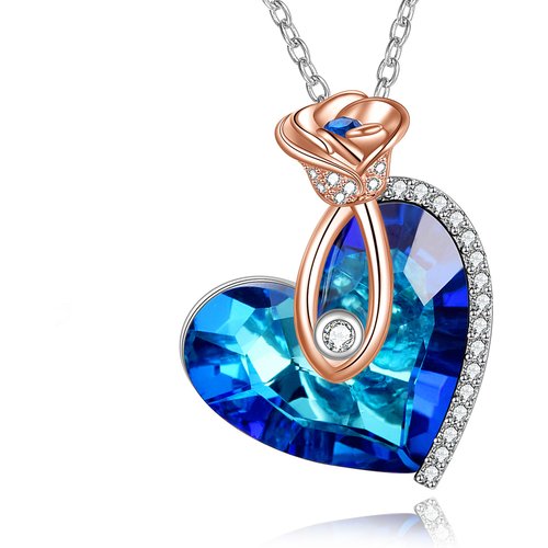 Sterling Silver Two-Tone Heart Crystal With Zircon Rose Pendant Necklace For Women