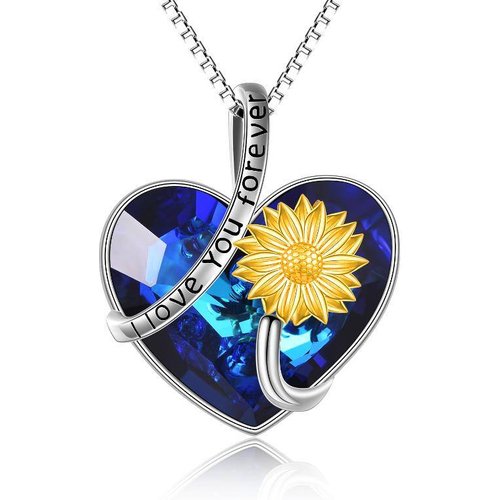 Sterling Silver Two-Tone Heart Crystal Sunflower Pendant Necklace With Engraved Word For Women Best Friends