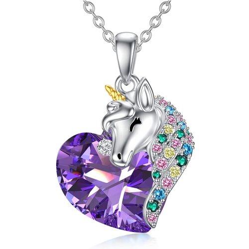 Sterling Silver Two-Tone Heart Purple Unicorn Crystal Pendant Necklace For Women Best Friend