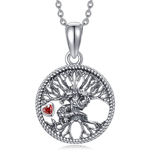 Sterling Silver Two-tone Heart Zircon Dragon & Tree Of Life Pendant Necklace