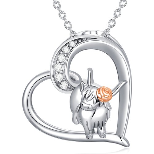 Sterling Silver Two-tone Highland Cow & Heart Pendant Necklace