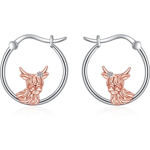 Sterling Silver Two-tone Highland Cow Hoop Earrings