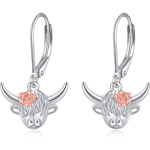 Sterling Silver Two-tone Highland Cow Lever-back Earrings