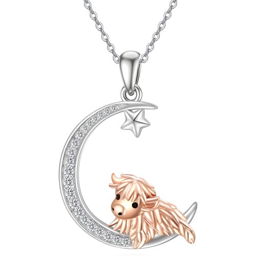 Sterling Silver Two-tone Cubic Zirconia Highland Cow & Moon Pendant Necklace