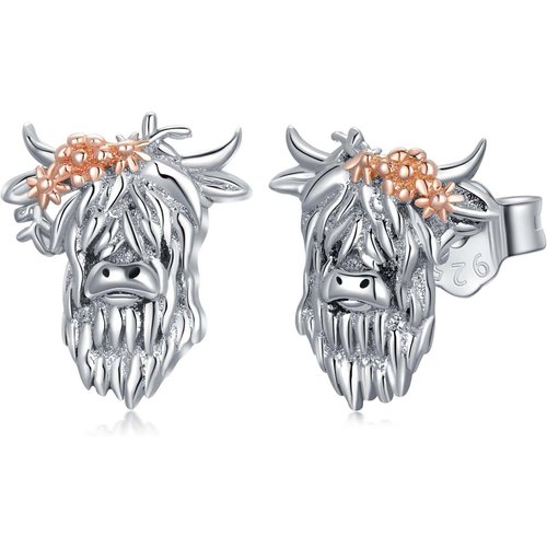 Sterling Silver Two-tone Highland Cow Stud Earrings