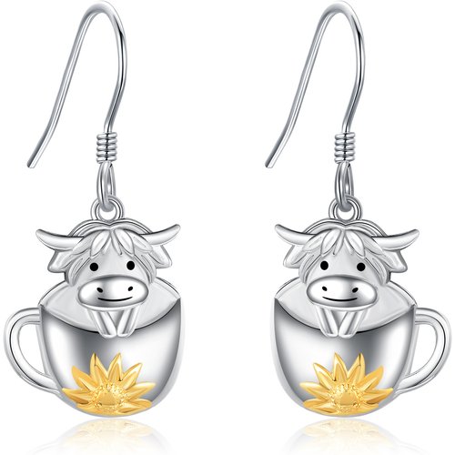 Sterling Silver Two-tone Highland Cow Sunflower Cup Drop Earrings