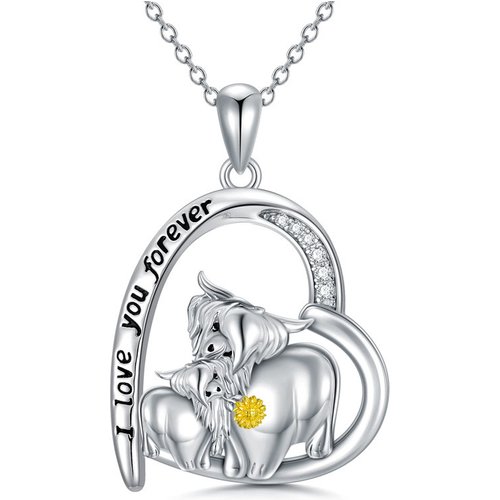 Sterling Silver Two-Tone Heart Cubic Zirconia Highland Cow & Sunflower Pendant Necklace With Engraved Word For Women