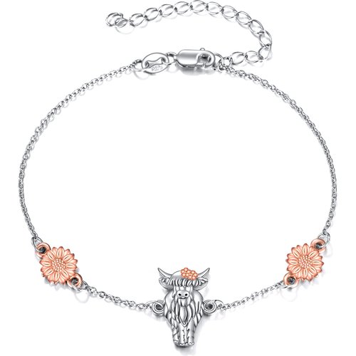 Sterling Silver Two-tone Highland Cow & Sunflower Charm Bracelet