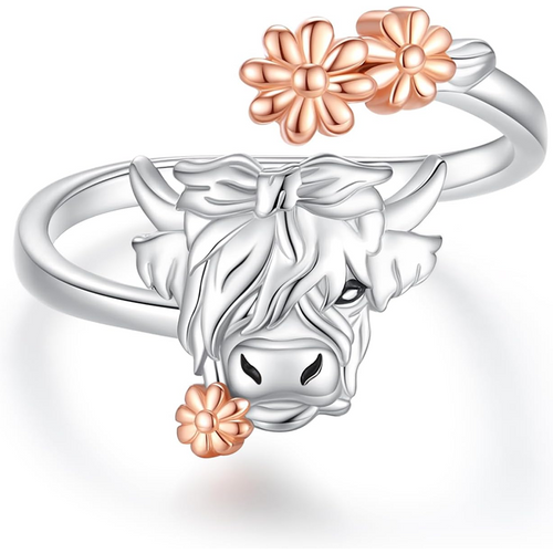Sterling Silver Two-tone Highland Cow Wildflowers Open Ring