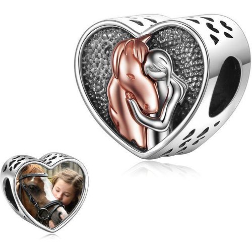 Sterling Silver Two-tone Horse Heart Personalized Photo Bead Charm