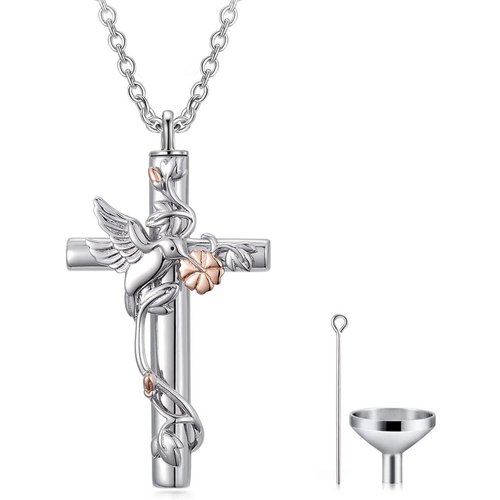 Sterling Silver Two-tone Hummingbird & Cross Urn Necklace for Ashes